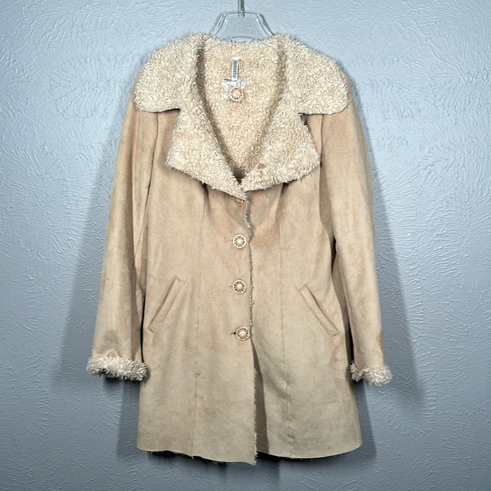 Monoreno Tan Faux Suede Long Sleeve Button Up Jacket Women's Size Large - Picture 1 of 9